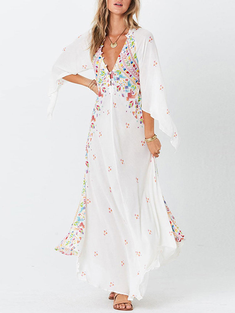 White Beach Flowy Deep V Neck Ditsy Floral Polyester Maxi Dresses