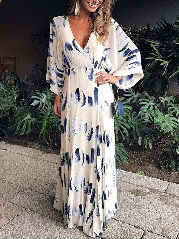 White Beach Wrap Deep V Neck Feather Pattern Maxi Dresses (Style ...