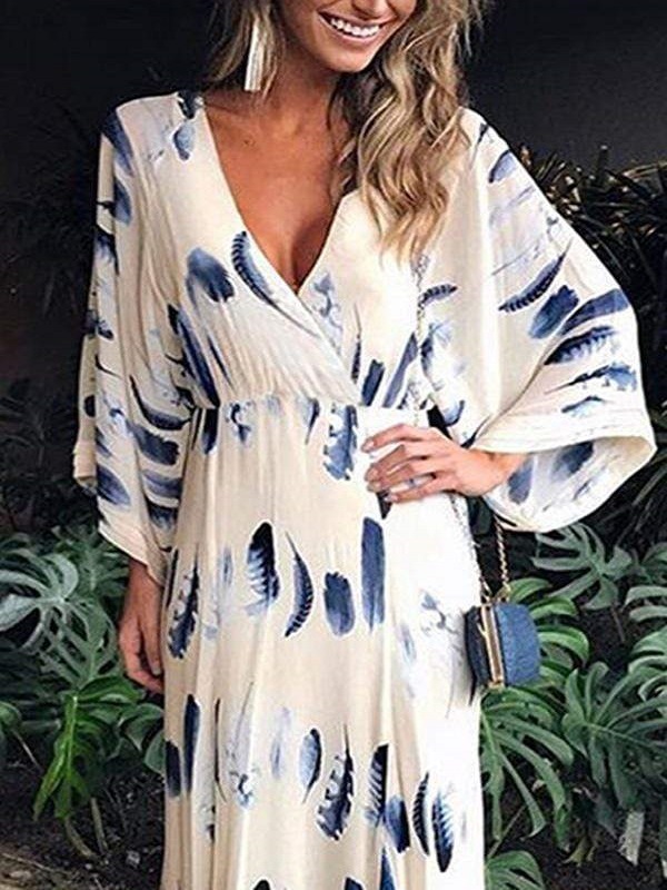 White Beach Wrap Deep V Neck Feather Pattern Maxi Dresses (Style ...