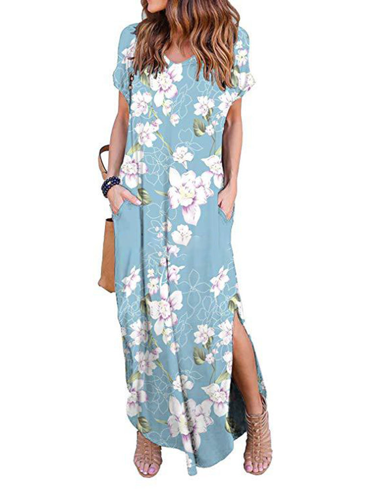 Light Blue Beach V-neck Printed Pattern Polyester Maxi Dresses (Style ...