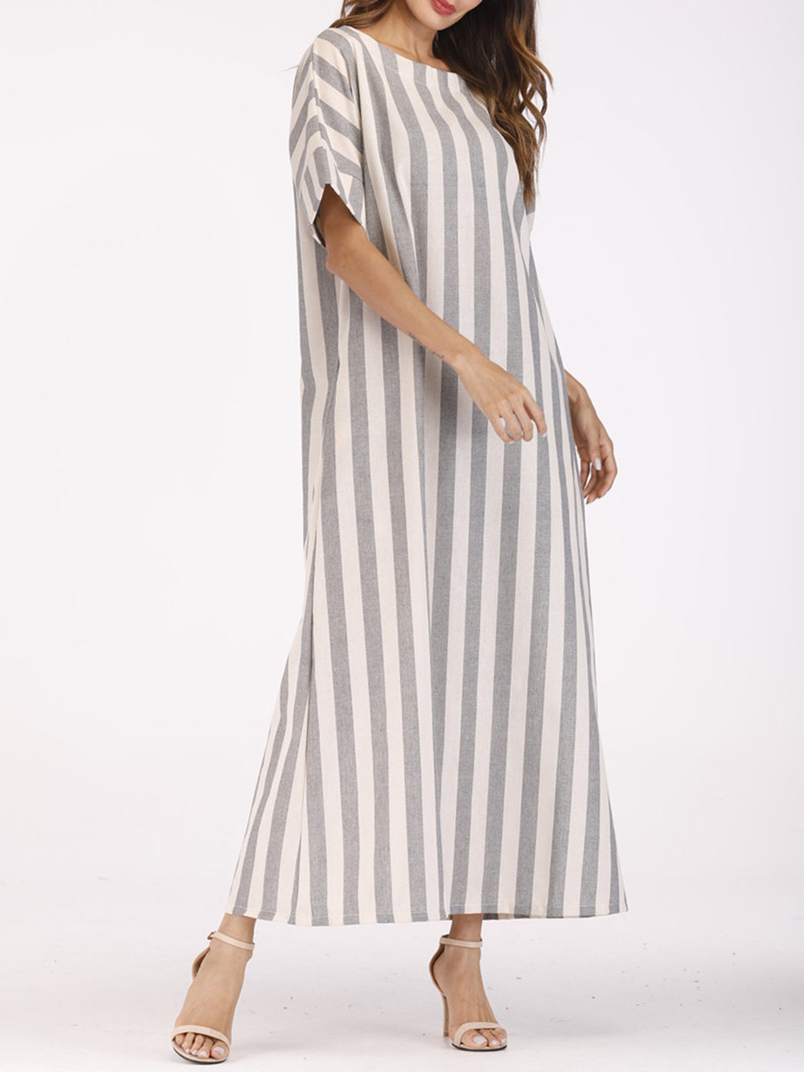 Grey Shift Boat Neck Striped Pattern Linen Casual Dresses (Style ...