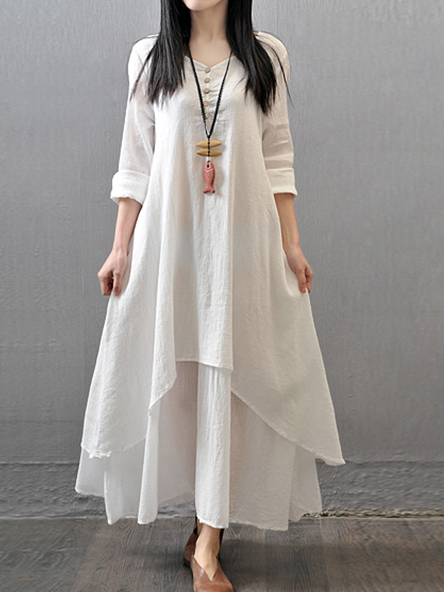 White Fashion Shift V-neck Button Linen Maxi Dresses (Style V100258 ...