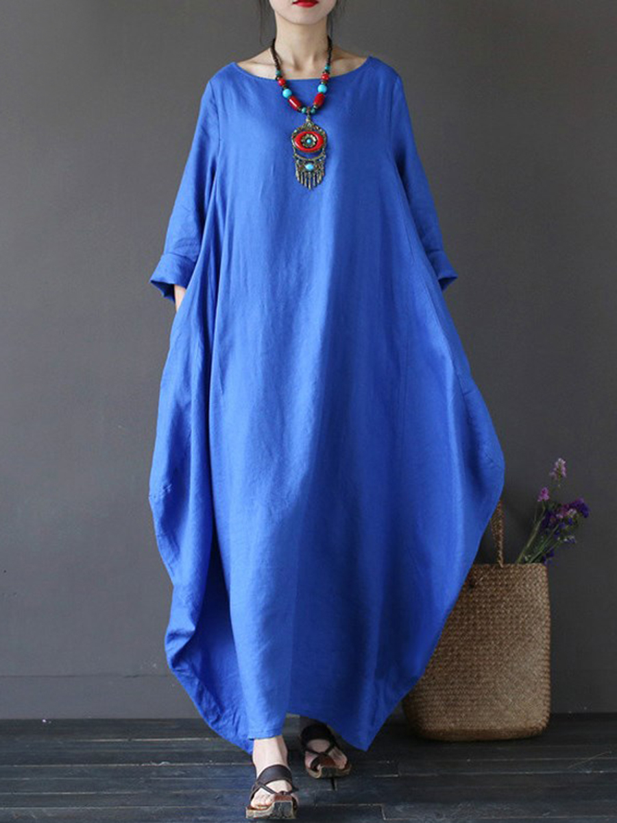 Blue Casual Cocoon Solid Color Pockets Linen Casual Dresses (Style ...