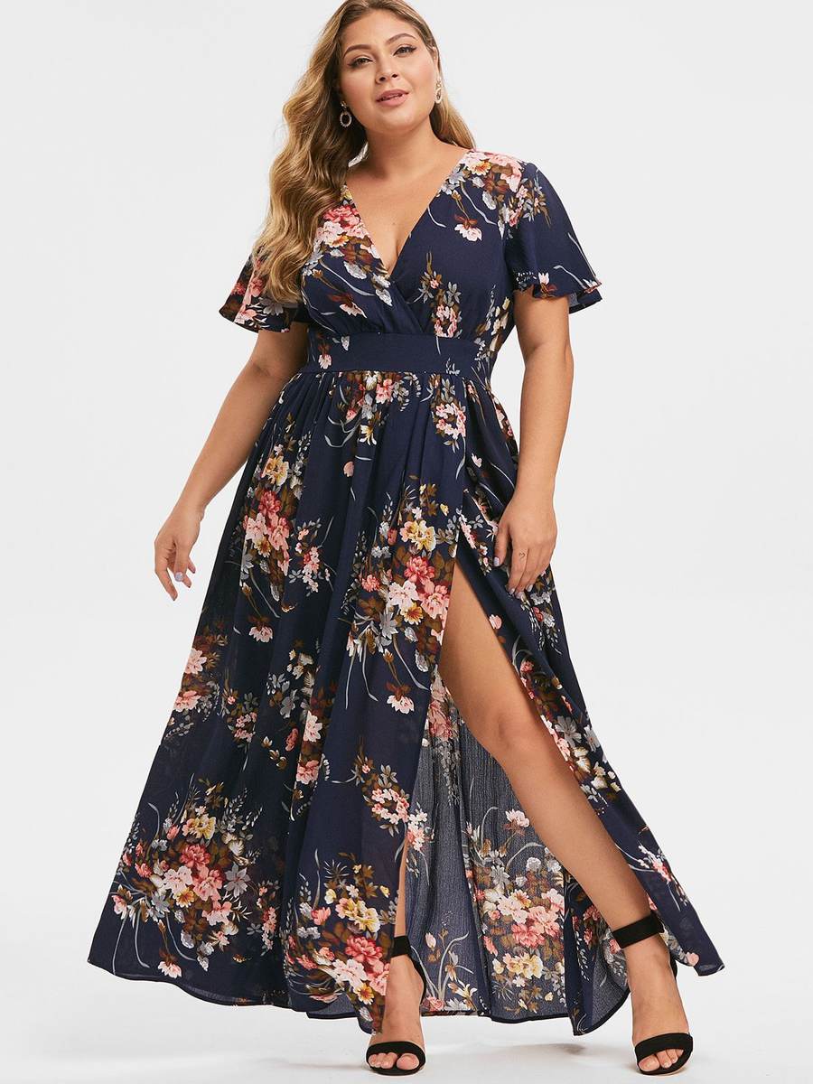 Navy Blue Sexy Flowy V-neck Printed Pattern Maxi Dresses (Style V100399 ...