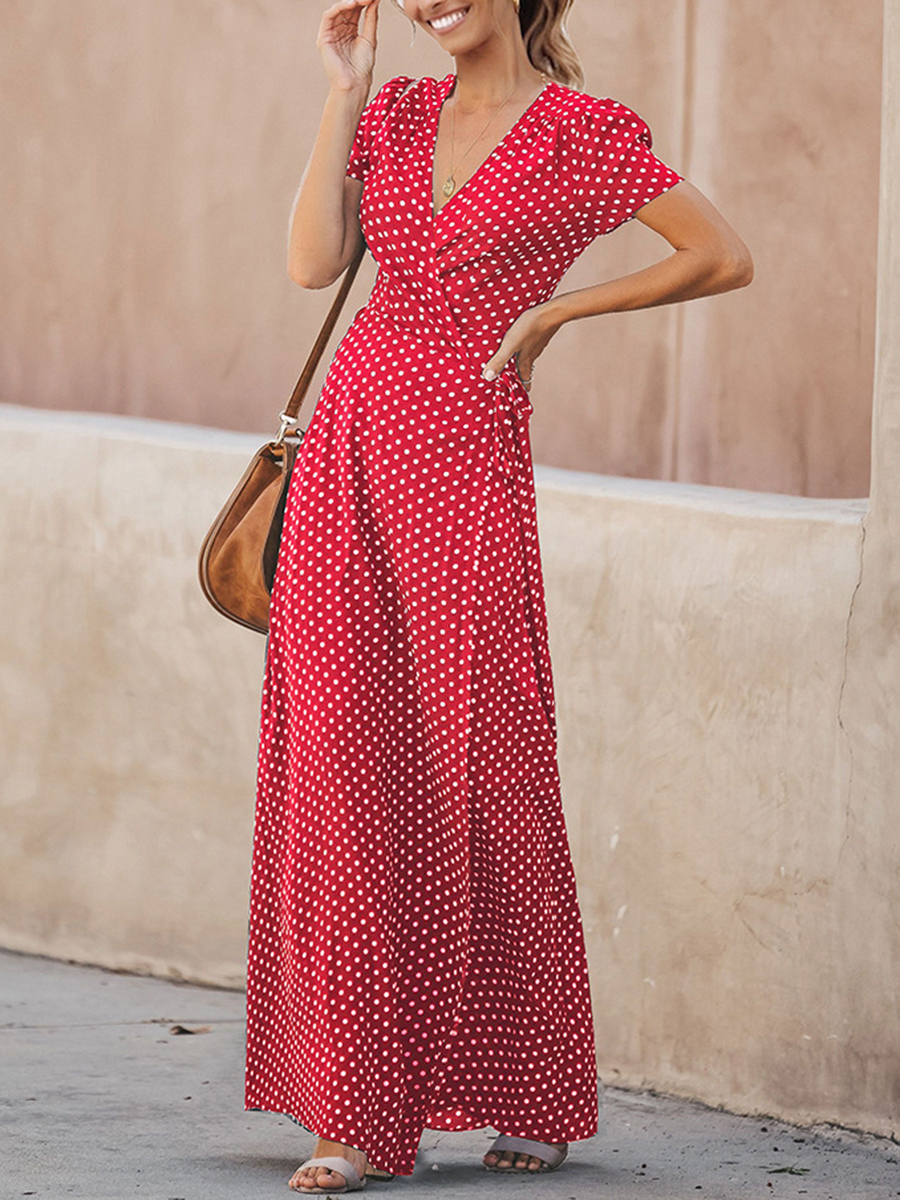 Red Sexy Wrap Deep V Neck Printed Belt Maxi Dresses (style V100425 