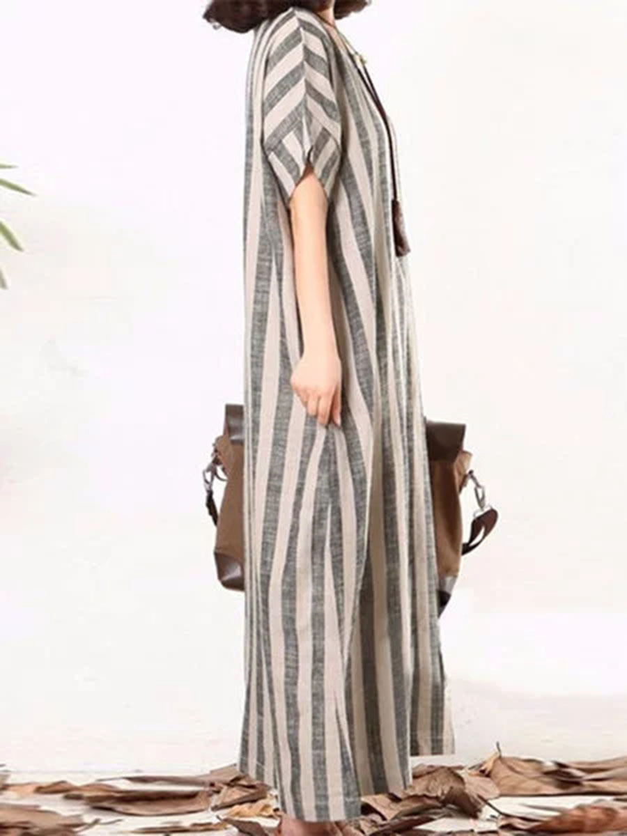 Grey Oversized Shift Round Neck Striped Linen Casual Dresses (Style ...