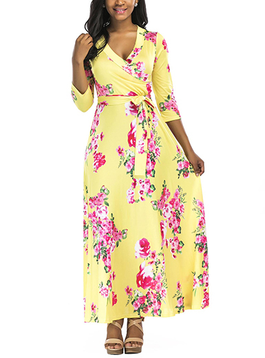 Yellow Sexy Deep V Neck Printed Pattern Polyester Maxi Dresses (Style ...
