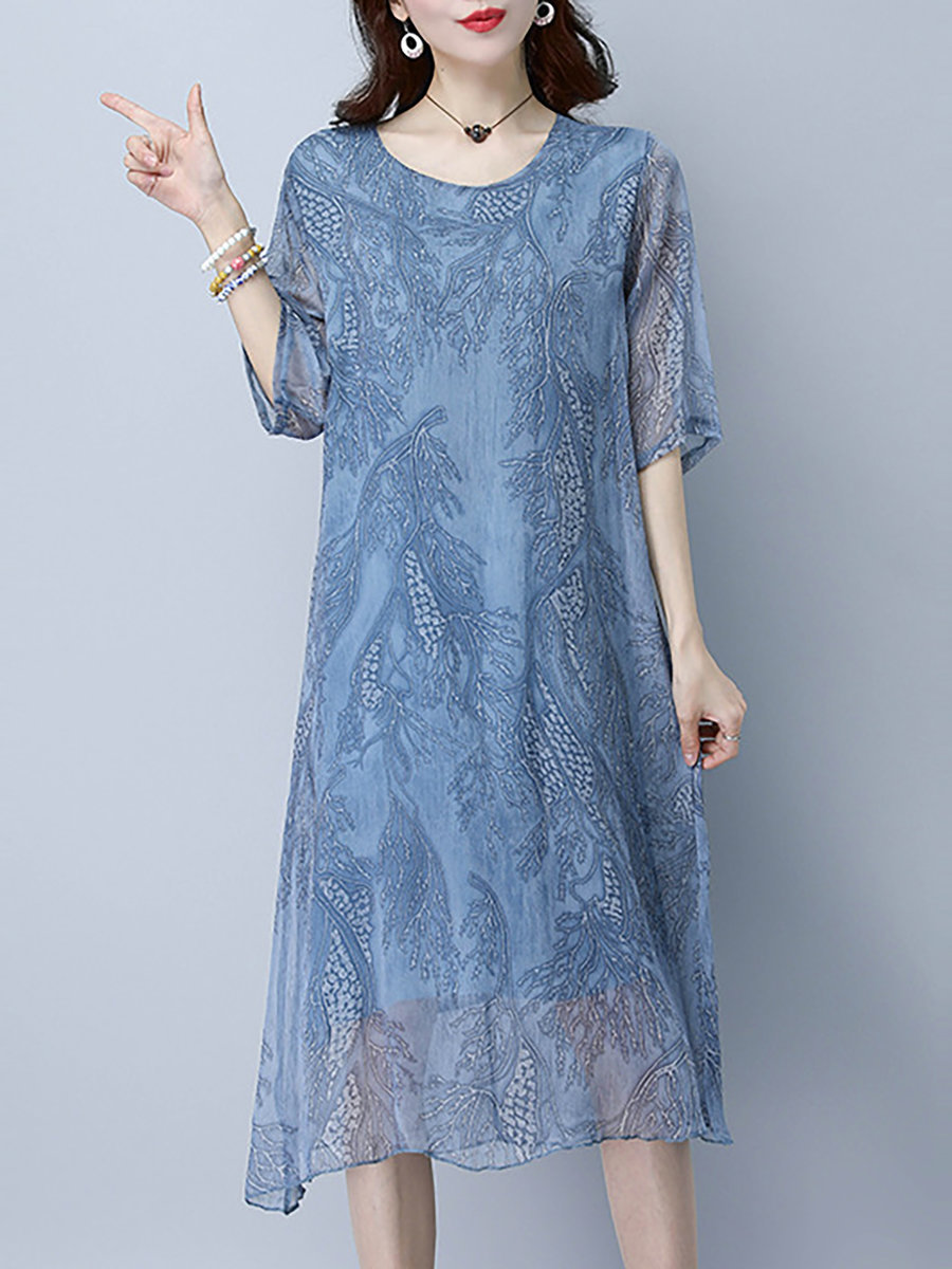 Blue Shift Round Neck Printed Pattern Cotton Blends Midi Dresses (Style ...