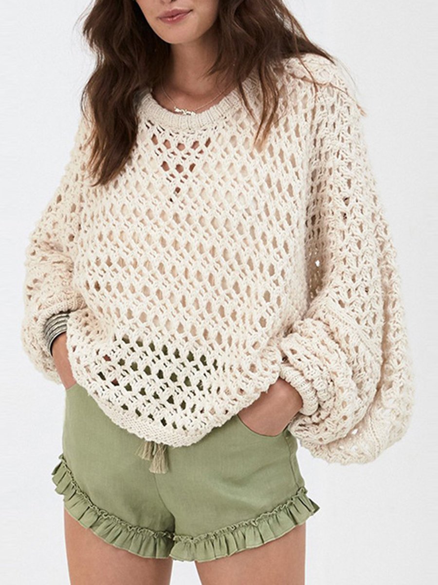 Beige Standard Loose Casual Plain Mesh Sweater (Style V101147) - VEDACHIC