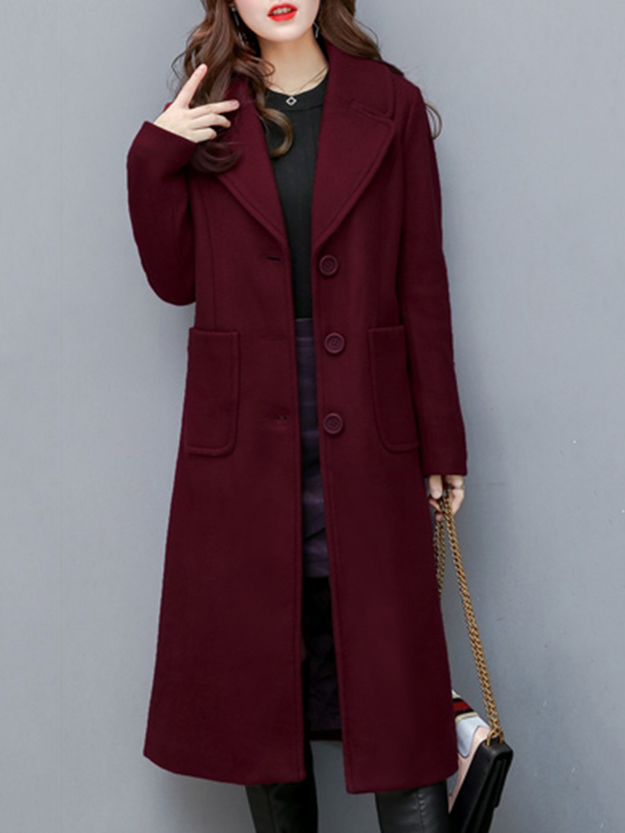 Red Long Slim Plain Wool Button Coat (Style V101630) - VEDACHIC