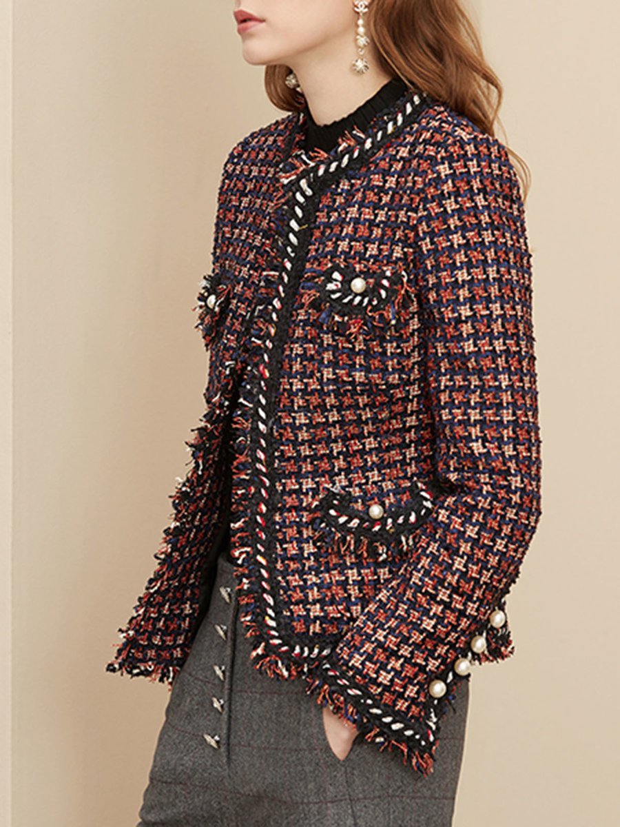 Red Loose Date Night Plaid Polyester Button Jacket (Style V101697 ...