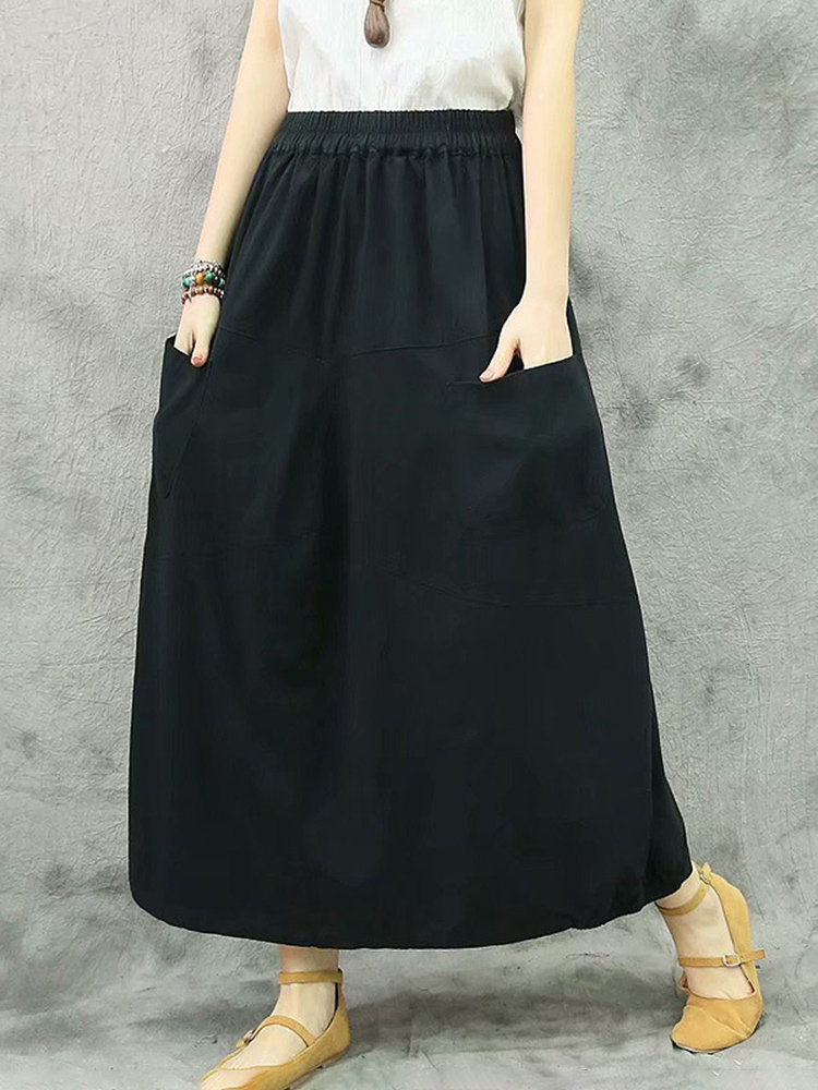 Black Ankle Length Loose Pockets Polyester Plain Skirt (Style V101749 ...