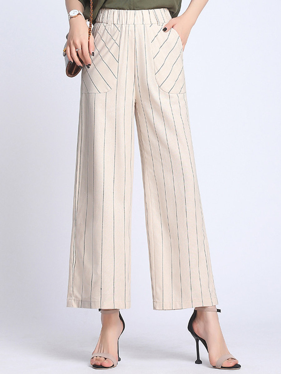 Beige Loose Office Pattern Cotton Striped Pants (Style V102251) - VEDACHIC