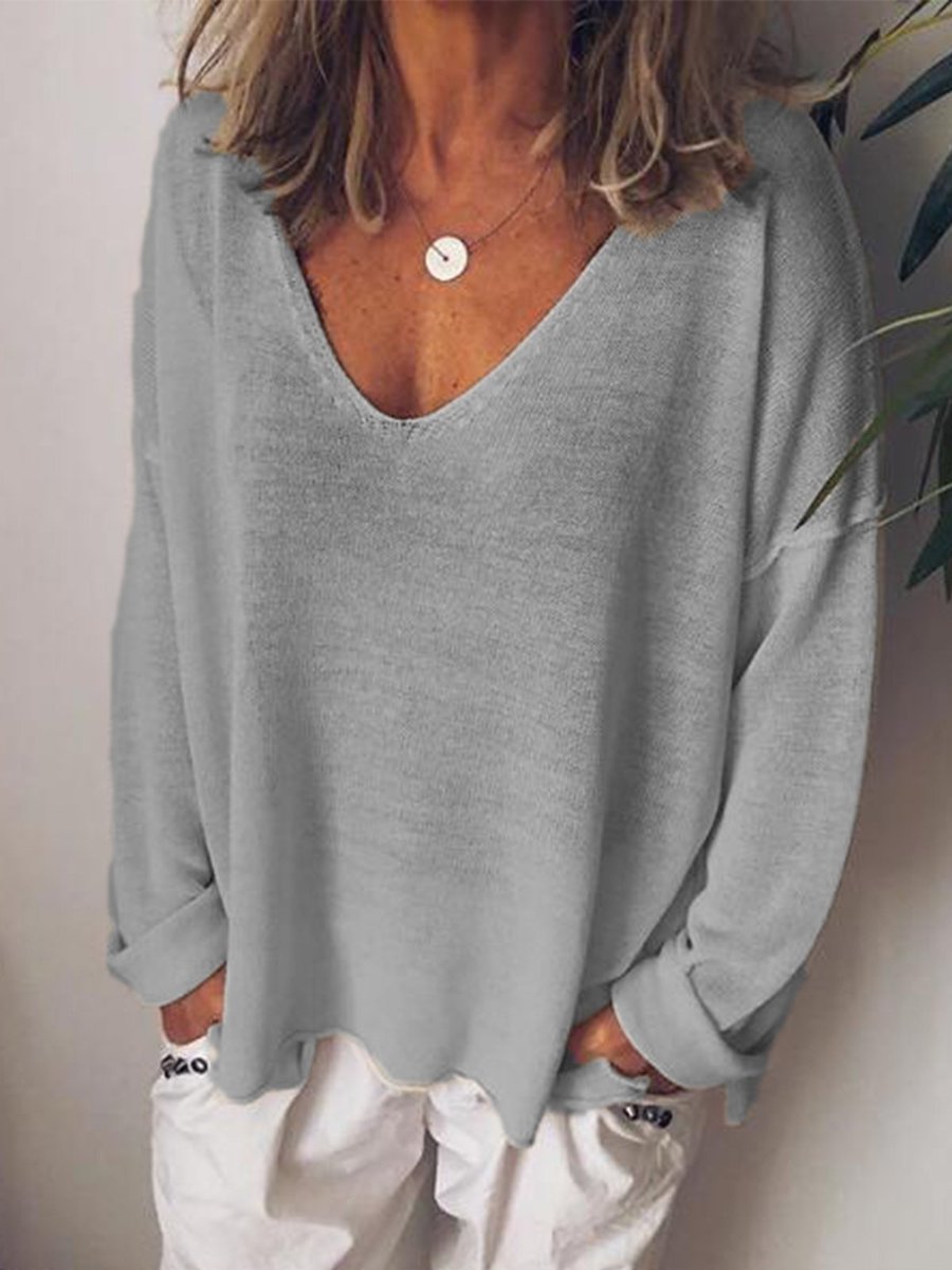 Gray V-neck Standard Casual Plain Polyester Sweatshirts (Style V102539 ...