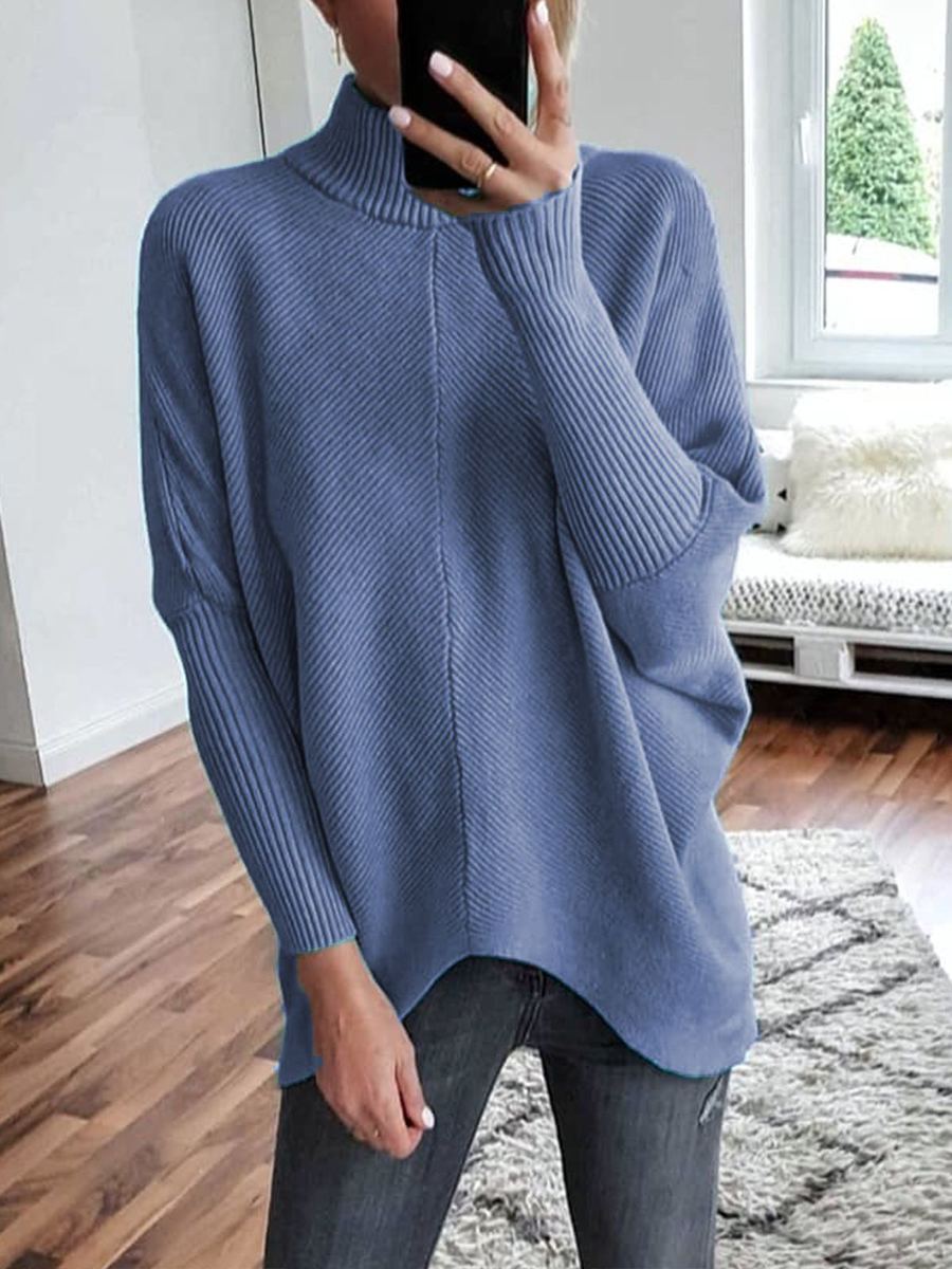 Blue Turtleneck Loose Casual Knitted Asymmetrical Sweater (Style ...