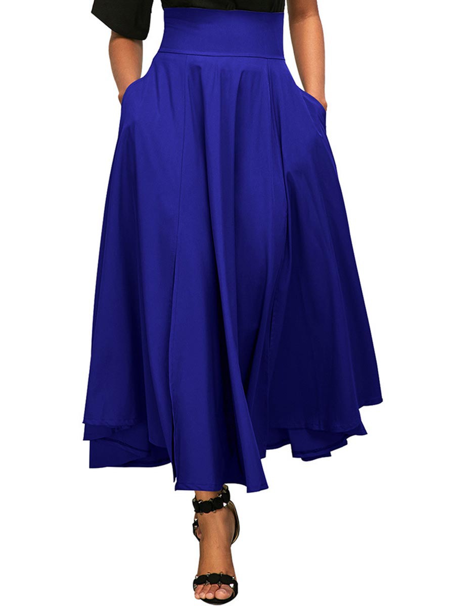 Blue Ankle Length Fit and Flare Patchwork Polyester Plain Skirt (Style ...