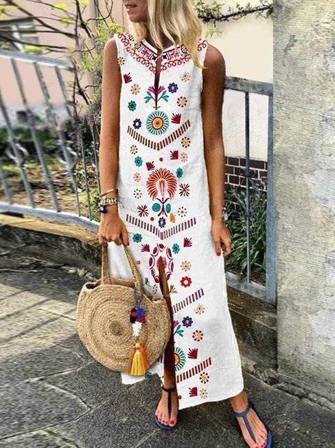 White Bohemian Straight Notched Printed Pattern Maxi Dresses (Style ...