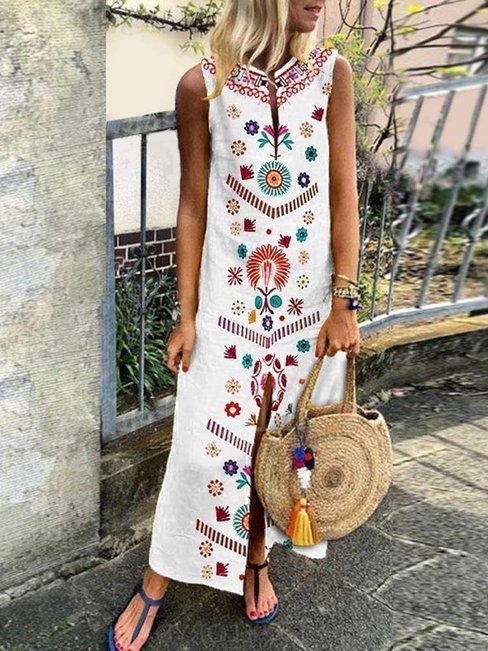 White Bohemian Straight Notched Printed Pattern Maxi Dresses (Style ...
