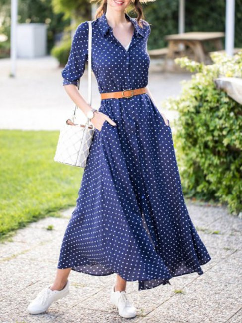 Blue Classic Shawl Collar Polka Dot Pattern Cotton Maxi Dresses (Style ...