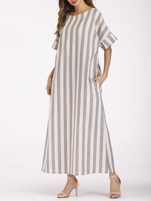 Grey Shift Boat Neck Striped Pattern Linen Casual Dresses (Style ...