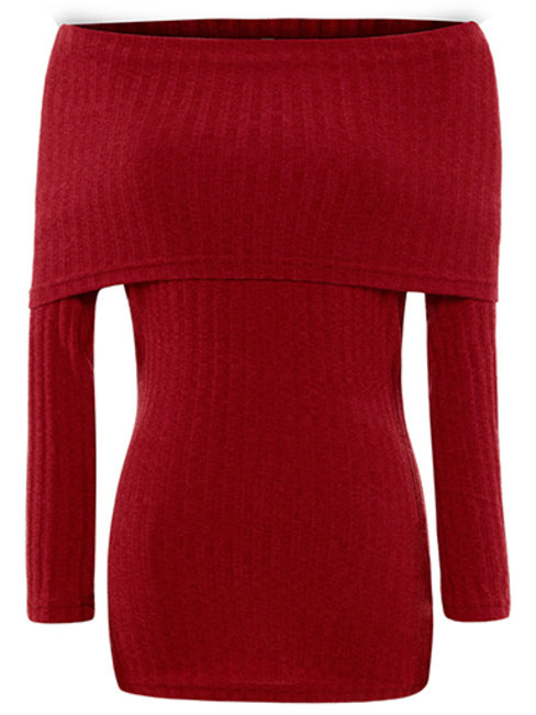 Dark Red Off The Shoulder Standard Slim Sexy Cotton Sweater (Style ...