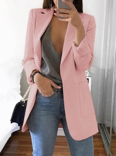 Pink Long Slim Office Plain Pockets Coat (Style V101175) - VEDACHIC