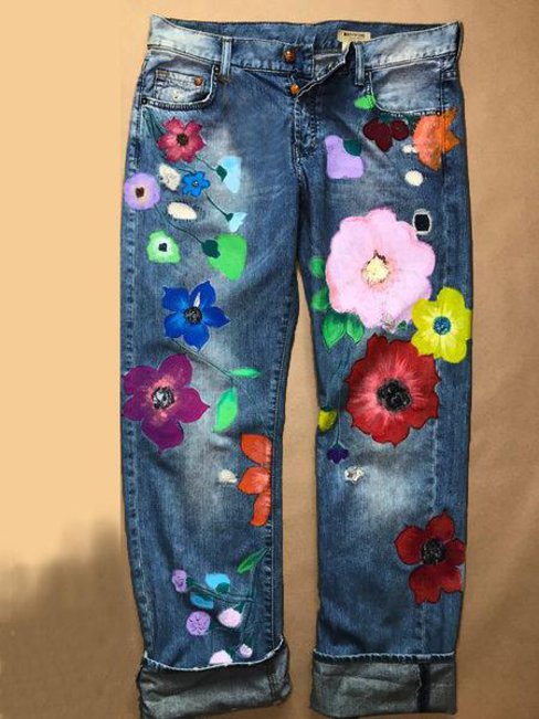 Dark Blue Loose Casual Pattern Denim Floral Jeans (Style V102537 ...