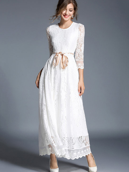 White Expansion Round Neck Plain Patchwork Maxi Dresses (Style V200253 ...